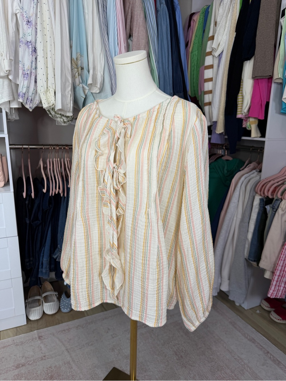 Jessica Simpson Cream Blouse with Pastel Multi-Stripe Ruffle Front